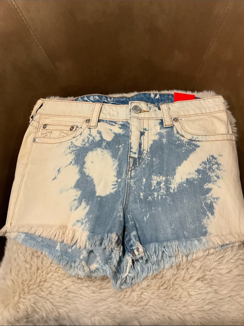 True Religion Keira Cutoff Short Acid Wash Indigo Chameleon Jean Shorts 32 NWT